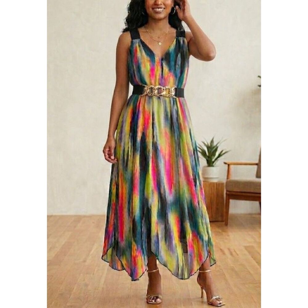 Simply Vera Wang Colorful Abstract Maxi Watercolor Spring Summer Womens Dress XS